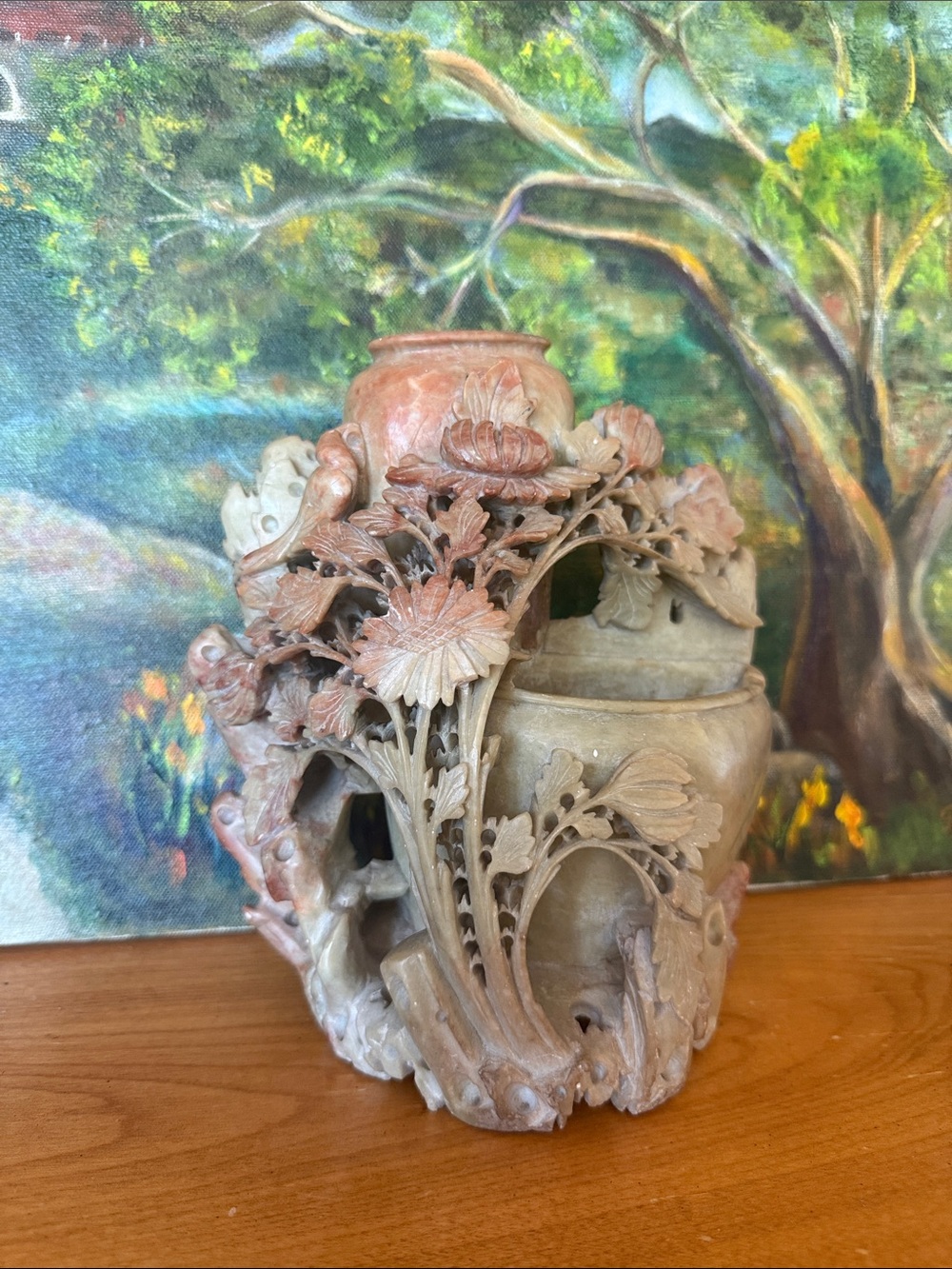 Vintage Intricately Carved Chinese Floral Soapstone Sculpture Vase